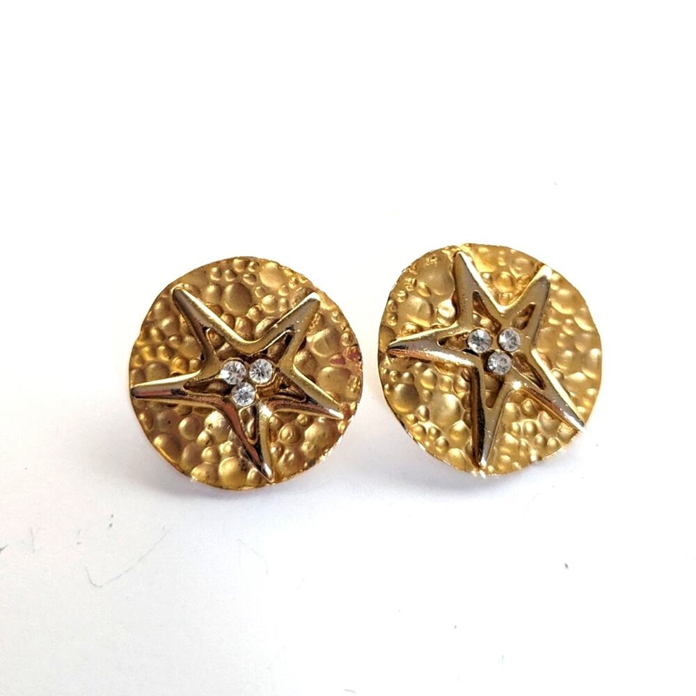 Vintage Gold Tone Designer Style Starfish Hammered Sand Dollar Clip On Earrings